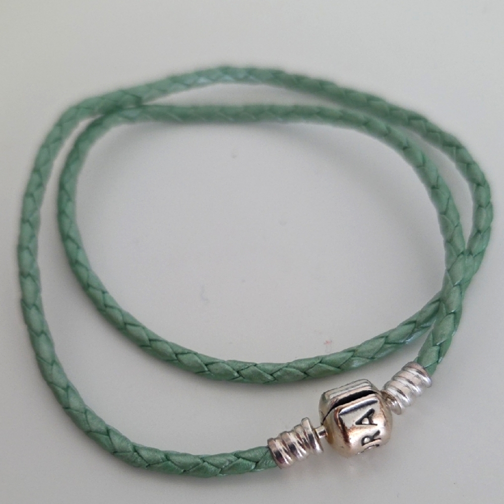 Pandora Mint Green and Silver Leather Bracelet